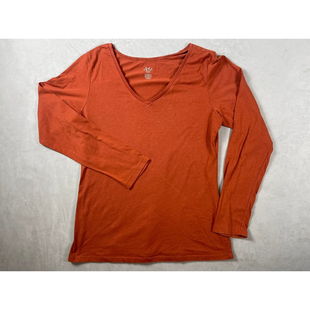 Dots Womens XL Burnt Orange Long Sleeve V-Neck Cotton Blend Stretch T-Shirt